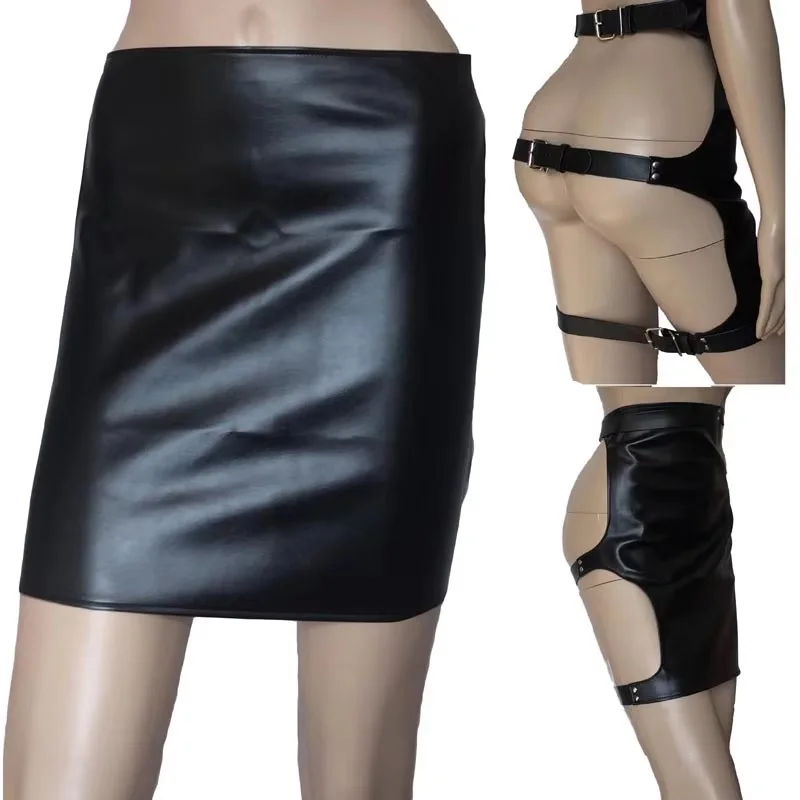 

Women Black Soft PU Leather Spanking Skirt Open Butt Backless Body Restraint SM Bondage Gear Fetish Costume