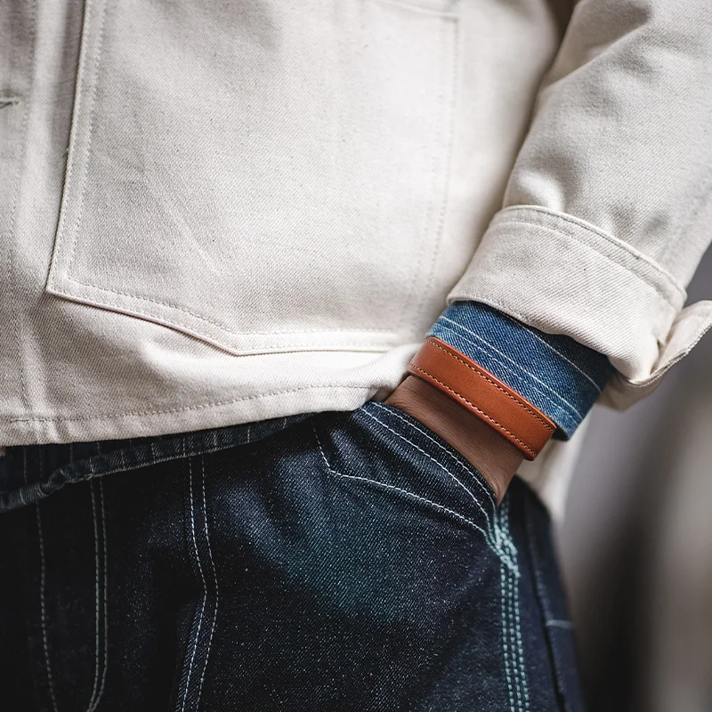 

Maden Adjustable Leather Cuff Bracelet for Men Thunderbird Letter Print Wristband Handmade Indian Jewelry Khaki Brown Gift