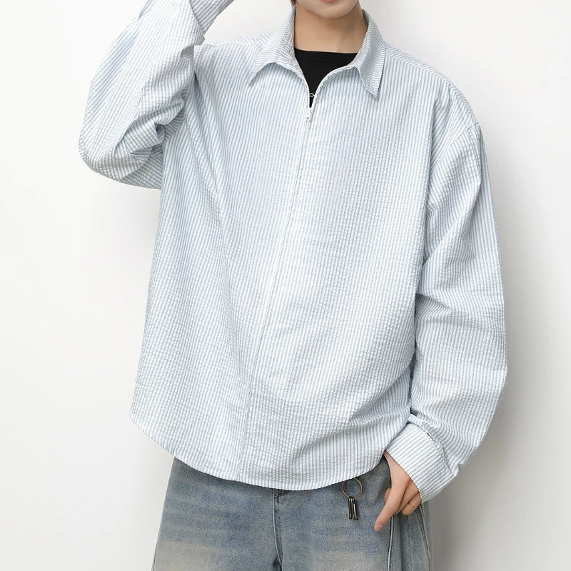 Loose Zipper Striped Long-sleeved Shirt Men's Spring Casual All-match Short Wide Profile Jacket Shirt Jacket