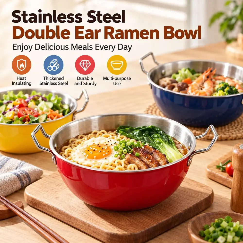 New Stainless Steel Ramen Bowl Thickened Double Ear Handles Soup Bowl Colorful Heat-Insulating Mixing Bowl Home Kitchen