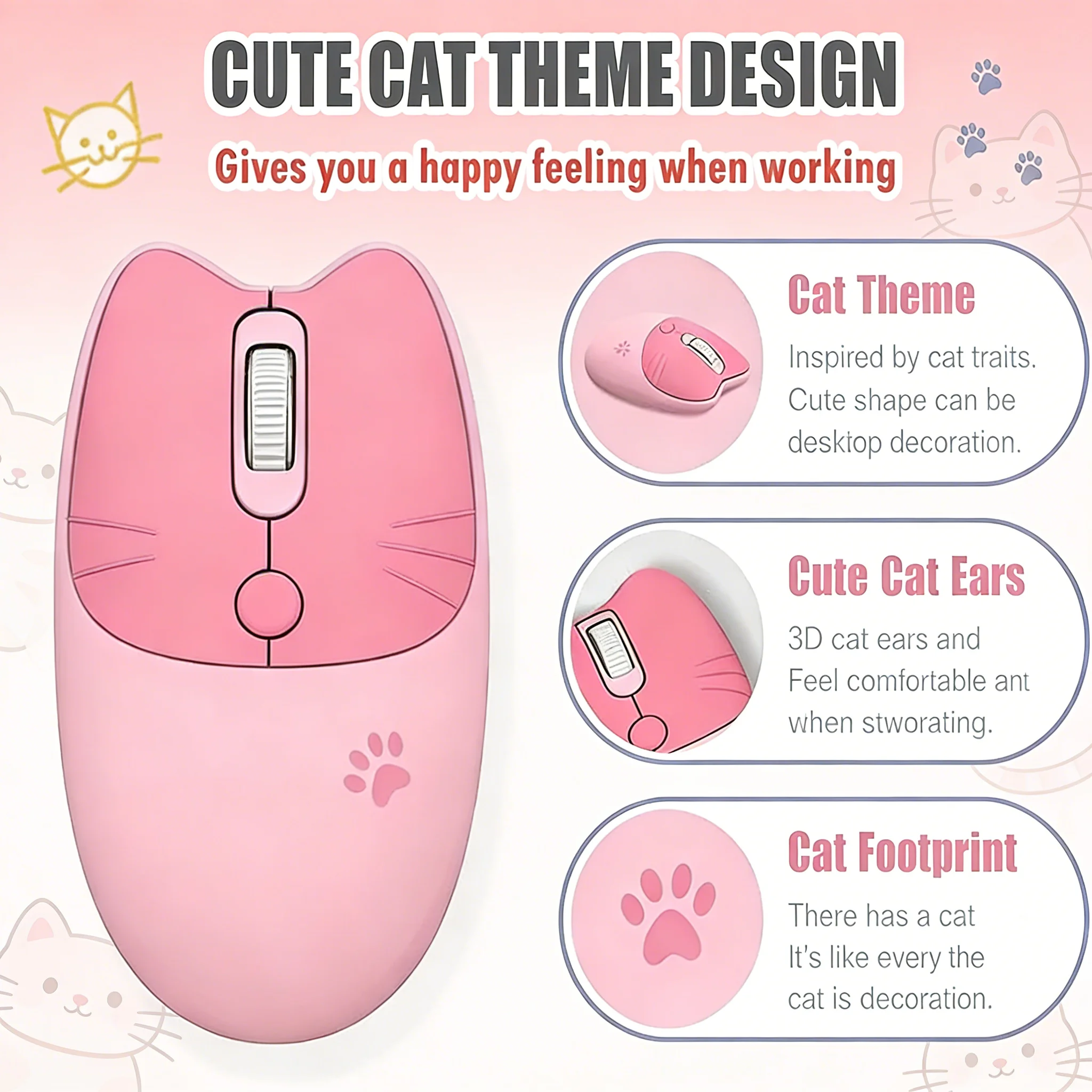 Kawaii Cat Shape 2.4G+Bluetooath Wireless Mouse Candy Color Silent Gaming Mice For Laptop PC Computer Gamer Girl Kid Home Office