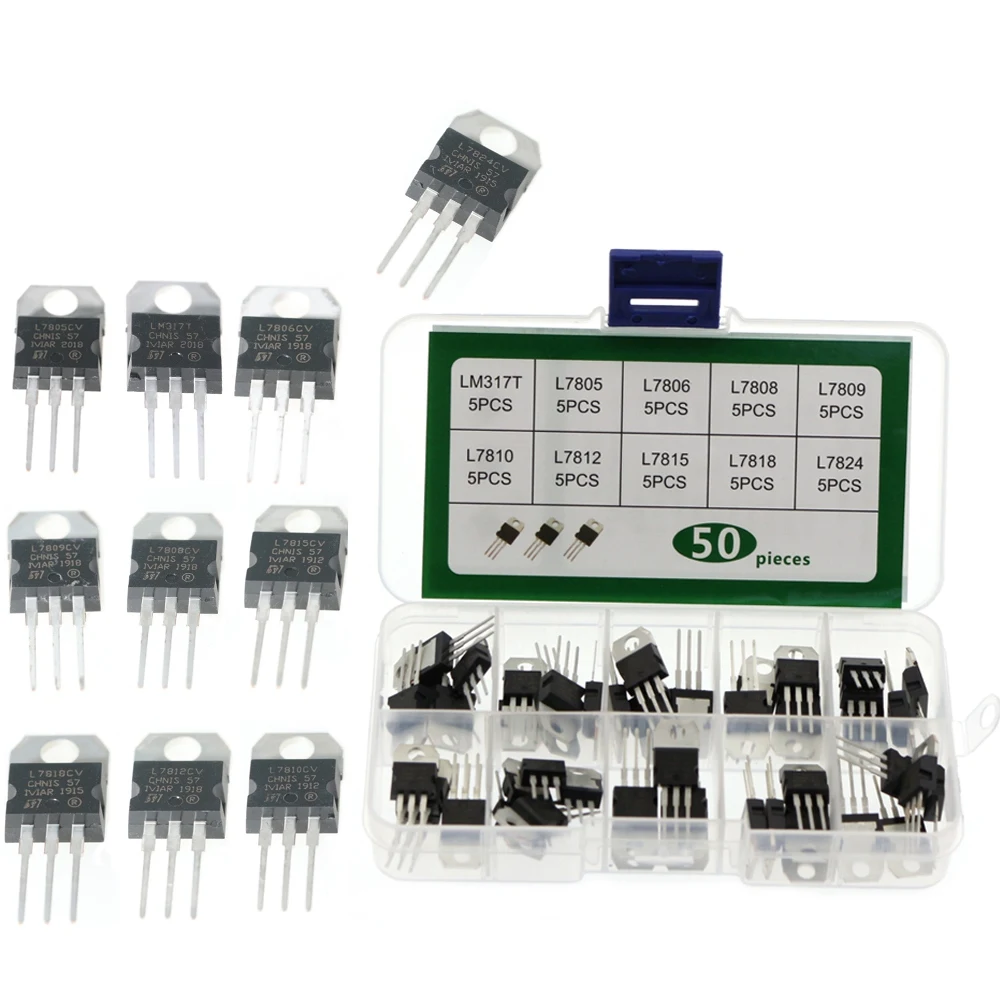 Transistor Assortment Kit 10Value 50PCS Voltage Regulator LM317T L7805 L7806 L7808 L7809 L7810 L7812 L7815 L7818 L7824