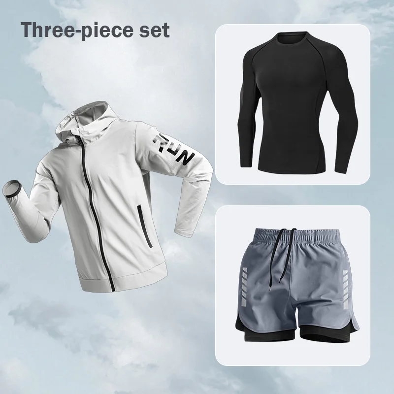 

Мужской быстросохнущий спортивный костюм для фитнеса, повседневной носки, утренних пробежек и тренировок, комплект из трех предметов, удобная дышащая одежда