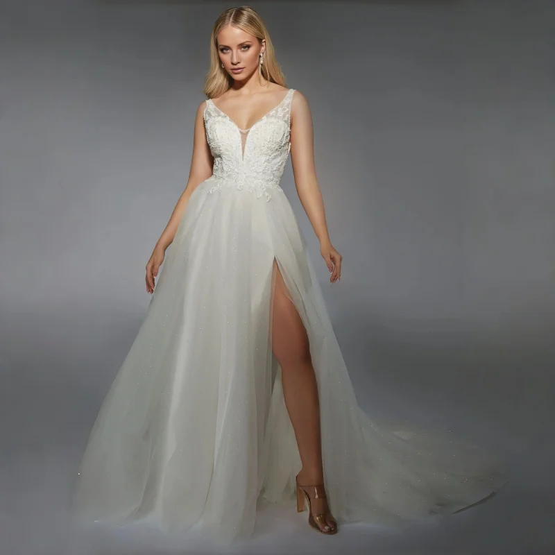 3D Floral Lace Applique Spaghetti Strap Deep V Wedding Dress High Split Sheer V Back All Over Silver Glitter Tulle Bridal Gown