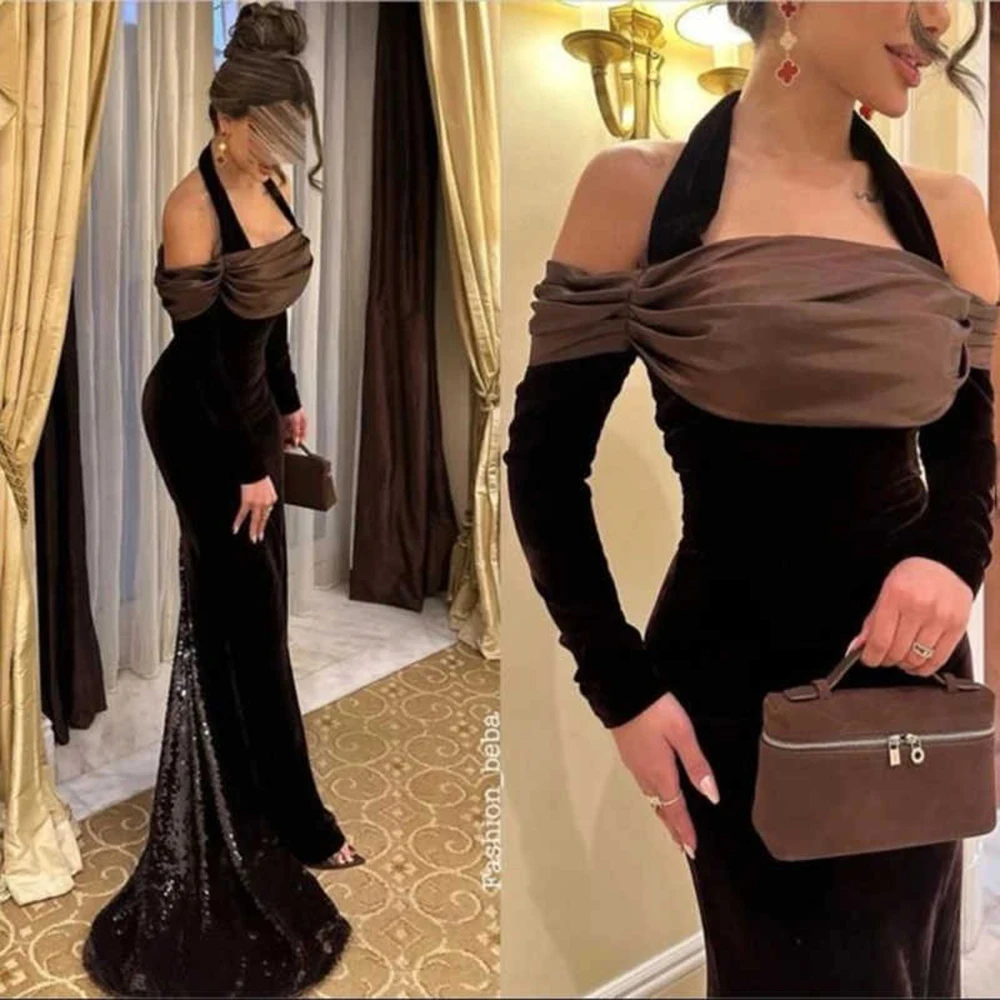 

Customized Gorgeous Brown Prom Gowns 2024 Mermaid Evening Dresses Halter Neck Wedding Party Gowns Off Shoulder Sleeve Sequined