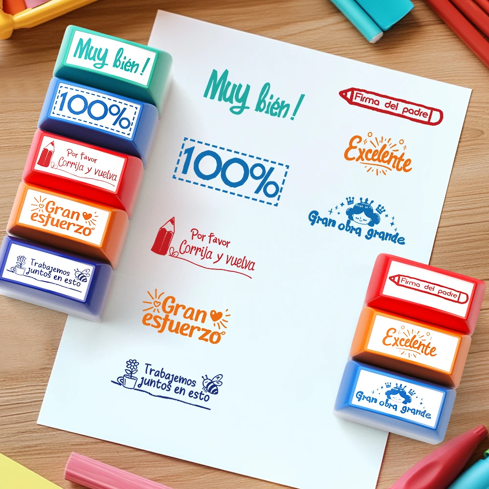 8 colorful teacher encouragement stamps Automatic ink-out correction stamps Spanish teachers encourage students to use