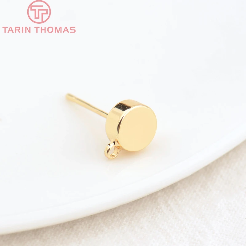 (2125)10PCS 6MM 24K 골드 컬러 황동 후크 구멍 라운드 스터드 귀걸이 핀 고품질 보석 액세서리