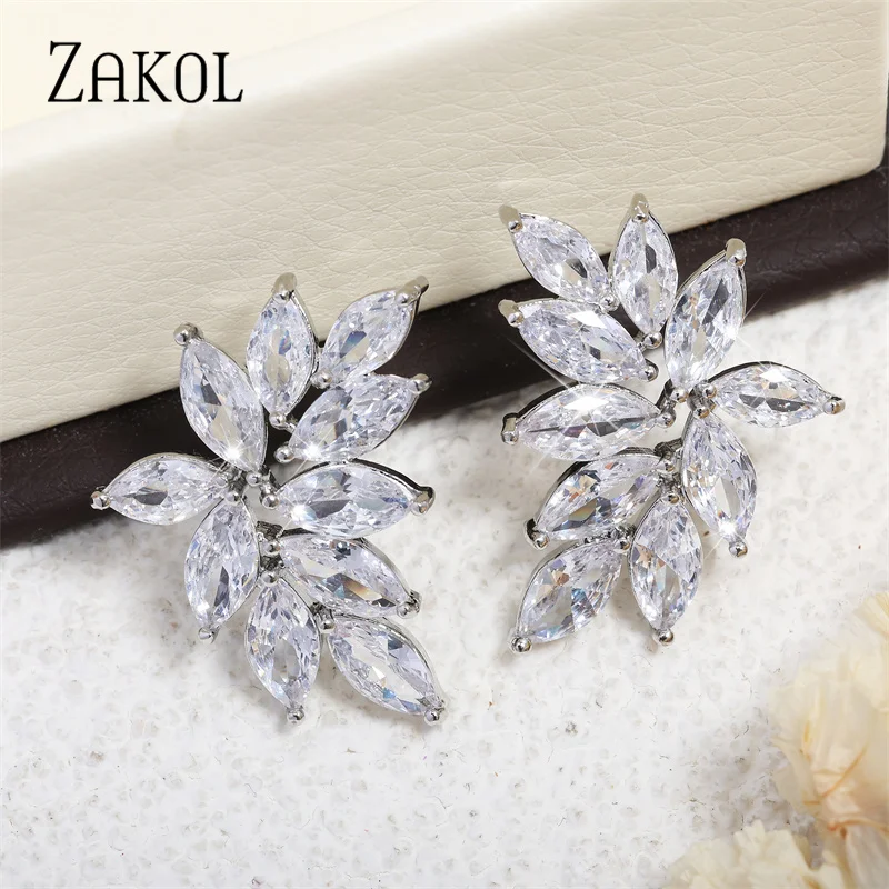 ZAKOL Fashion Leaf Cubic Zircon Stud Earrings for Women Shinny Sliver Color Crystal Flower Earring Jewelry Gift Brinco EP2233