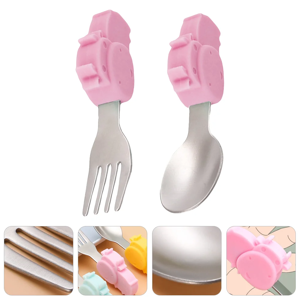 2Pcs Baby Cartoon Training Dinnerware Silicone Stainless Steel Spoon Fork Infant Fork and Spoon Infant Fork Spoon