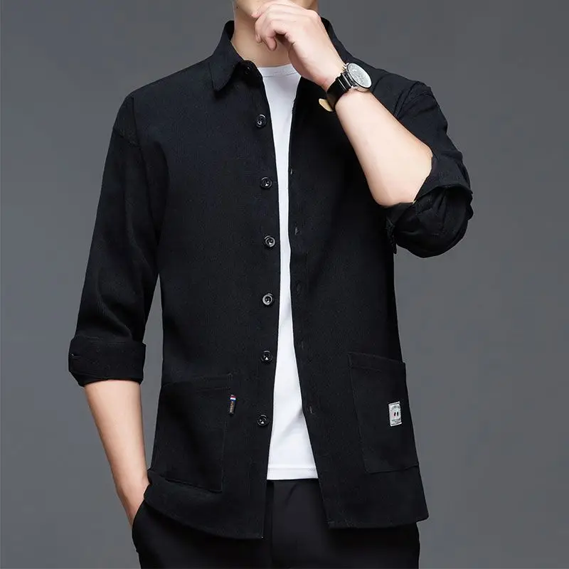 Stylish Solid Color Lapel Button Spliced Pockets Shirt Men\'s Clothing 2022 Autumn New Oversized Casual Tops Loose Korean Shirts