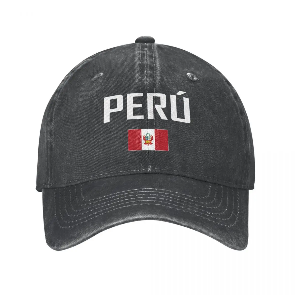 Men Baseball Cap Peru Flag And Font Charcoal Washed Denim Classic Vintage Cotton Dad Trucker Hat Unisex Adult