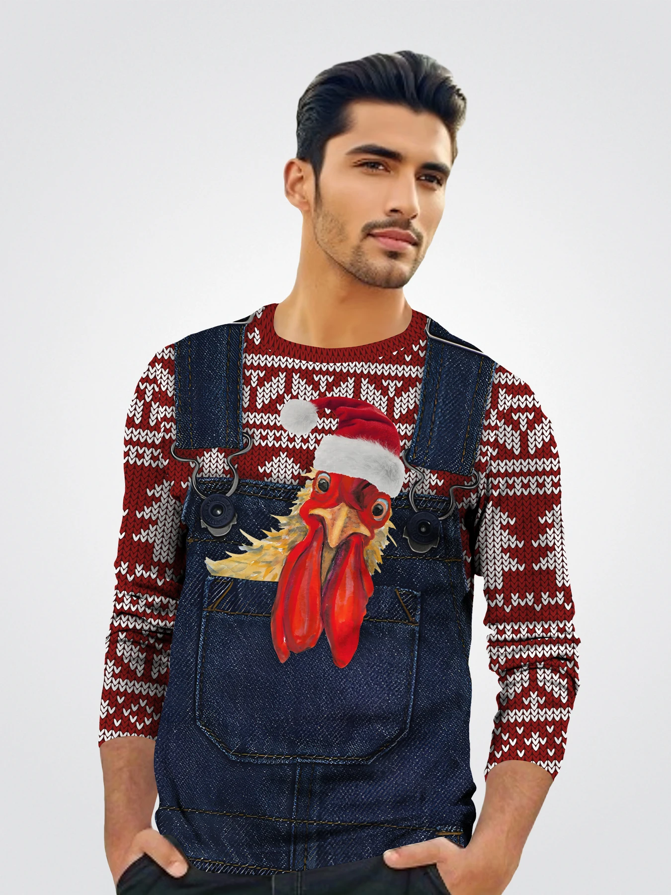 Overalls Picture 3D Digital Printing Warm Christmas Long Sleeve T-shirt Sweater Pattern Full Body Printed Christmas Men's Tops