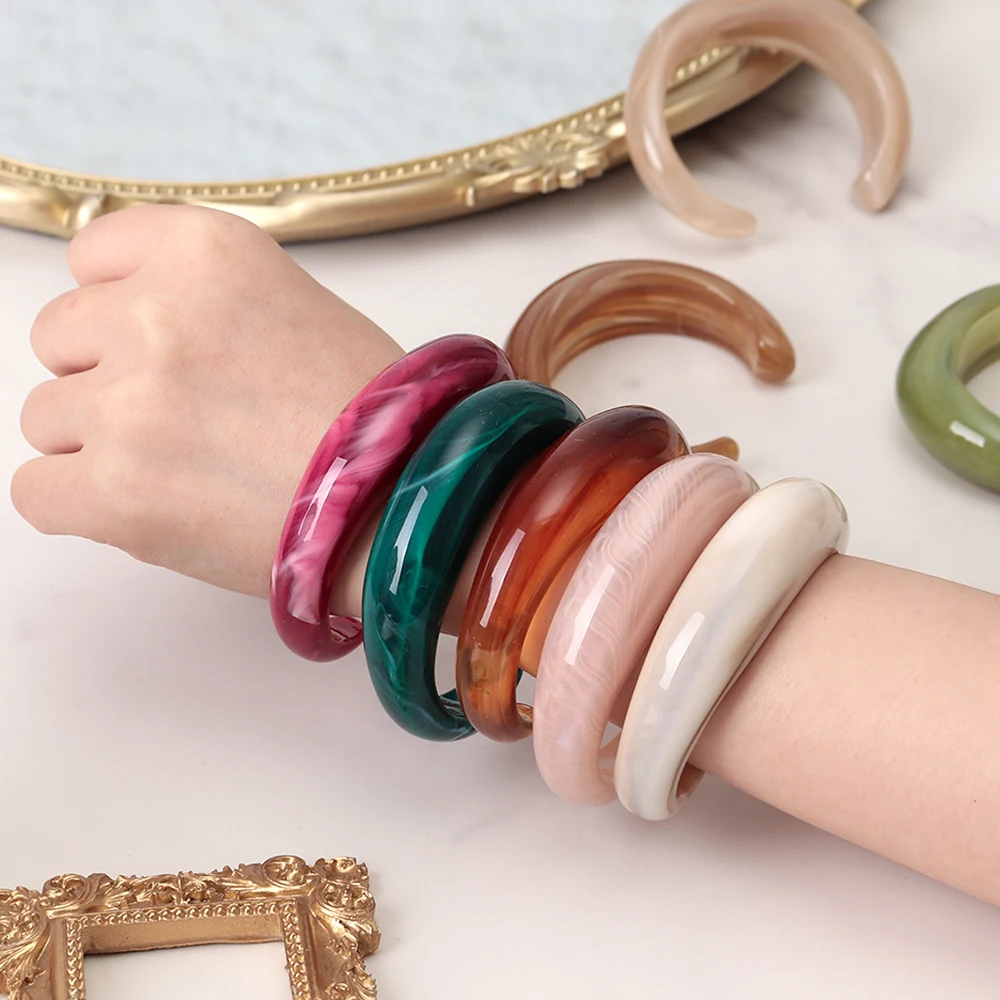 Boho Acrylic Colorful Marbled Geometric Open Bangle Bracelets for Women Simple Resin Chunky Cuff Bracelet 2025 Design Jewelry