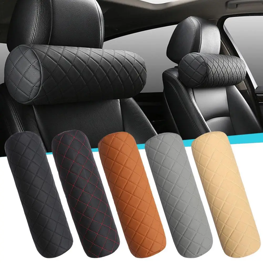 Luxury Car Seat Neck Pillow Headrest Leather Memory Foam Breathable Universal Cylindrical Pillow Office Chair Headrest Protector