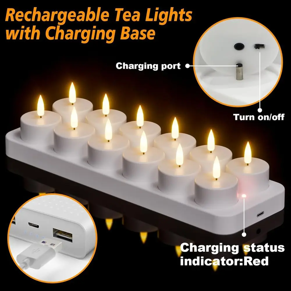 12 Rechargeable Tea Lights Candles with Charging Base and Remote Timer, LED Tealight Candles Battery Operated Halloween Wedding