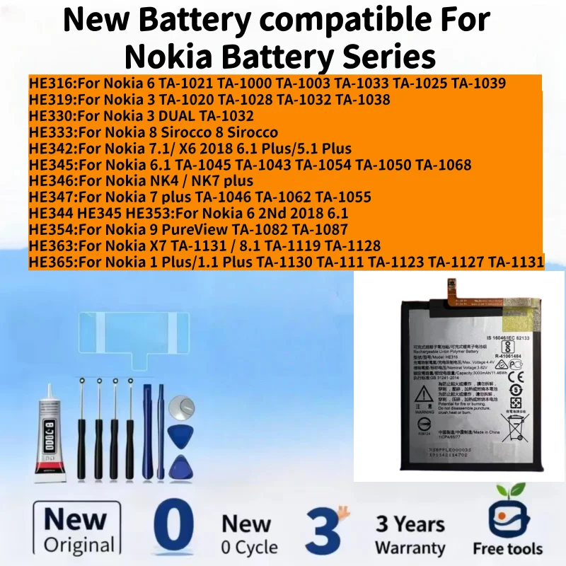New Battery compatible For Nokia 6/3/3 DUAL/ 8/7.1/6.1/NK4 / NK7 plus/7 plus/ 6 2Nd/X7/1 Plus Mobile Phone Batteries+ Free Tools