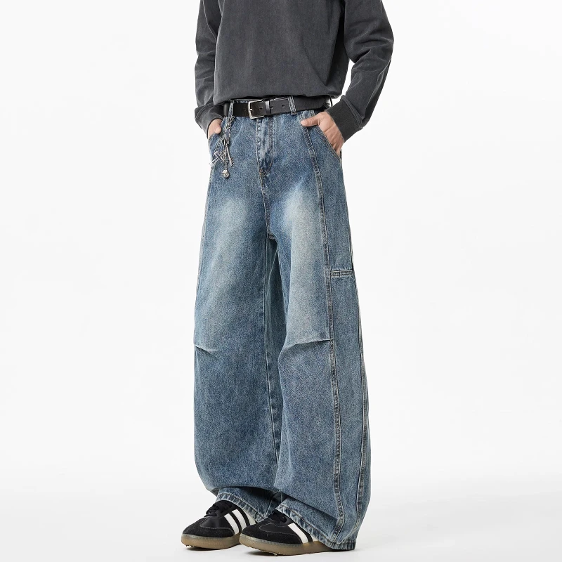 Denim Pant Men Jeans Vintage Wide Leg Long Pants Mid Waist Straight Trousers Splice Loose Y2k Streetwear Work Casual 2026 Summer