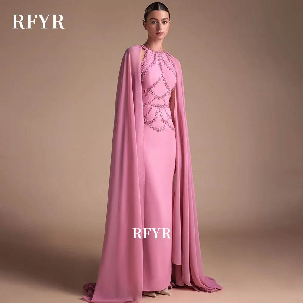 

RFYR Pink Prom Dress with Crystal Stones Straight Party Dress with Flare Sleeve Evening Dress Fluffy Gala Dress Customized
