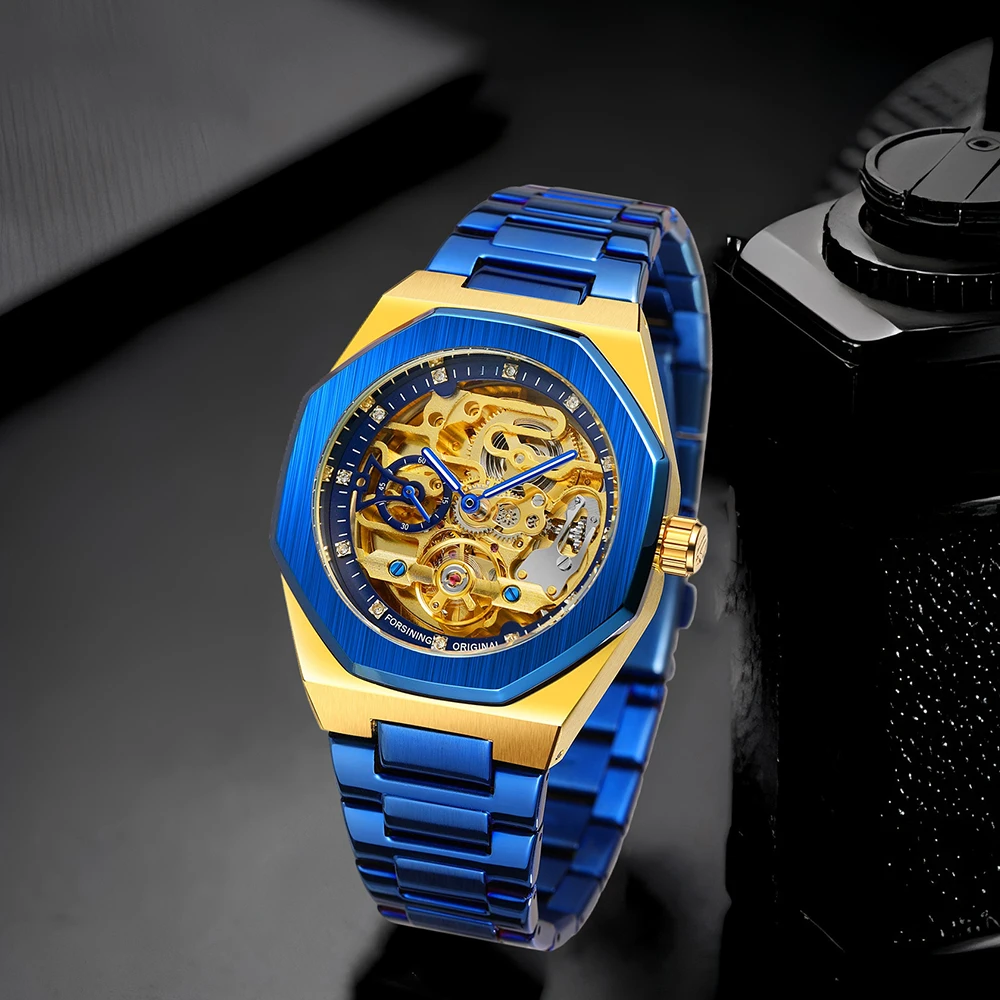 FORSINING Trendy Polygon Men Skeleton Automatic Mechanical Watch Rhinestone Watch Stainless Steel Formal Business Man Wristwatch