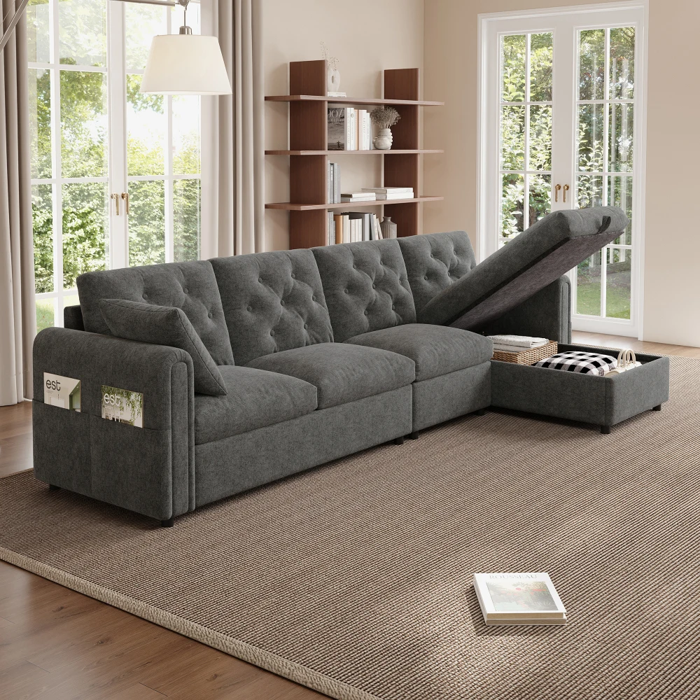 Sofá moderno de terciopelo con espacio de almacenamiento en la esquina, almacenamiento en forma de L en la esquina izquierda y derecha, ajustable.