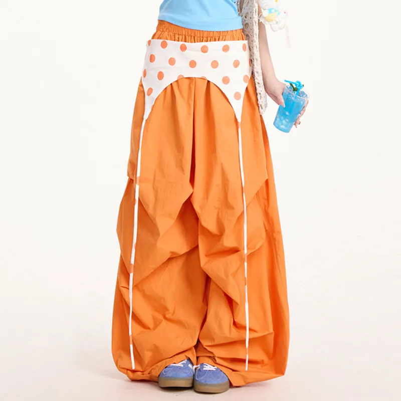 HKSH 봄 가을 신상 여성용 와이드 레그 팬츠 엘라스틱 웨이스트 컬러 블록 플리츠 아메리칸 레트로 Y2K 트렌드 HK16104