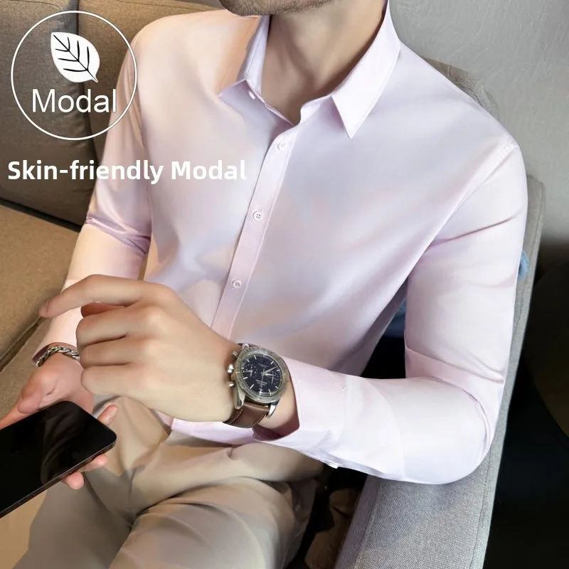 

M8XL Modal Cotton Long Sve Men's irt Slim Fit Wedding Faion Busin Casual Breathable Sweat Absorbent No Ironing Requ...