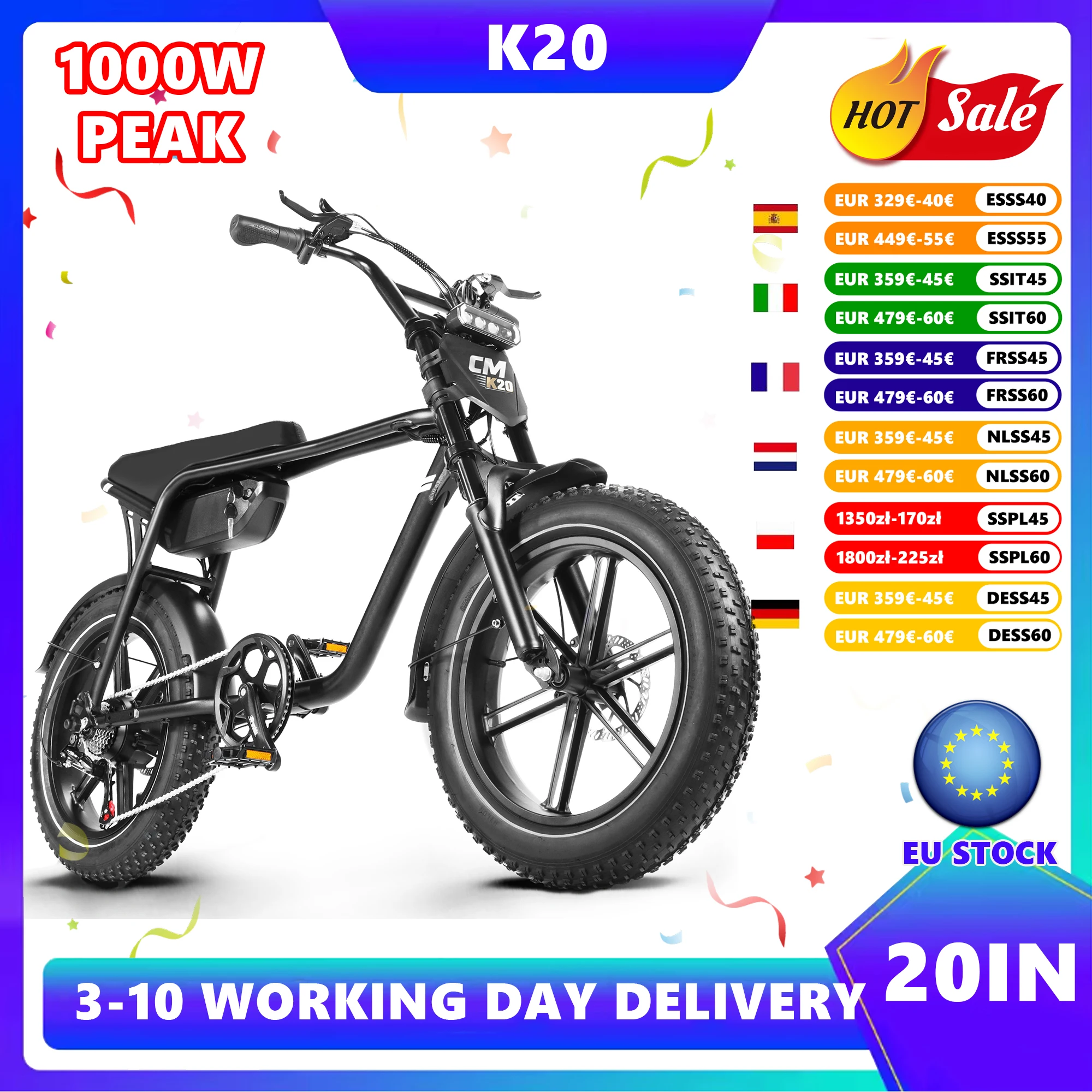 Vélo électrique 48V 15AH, batterie Step Stru, vélo électrique PEAK 1000W, VTT électrique 20 pouces, vélo électrique pour adulte, vélo électrique à pneus larges