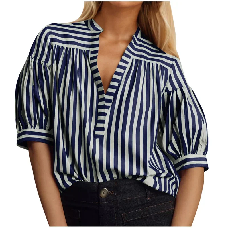 Fashion Stripe Colour Blocking Loose Shirt Women Deep V Neck Pullover Blouse Summer Pleated Bubble Short Sleeve Female Tops 2024