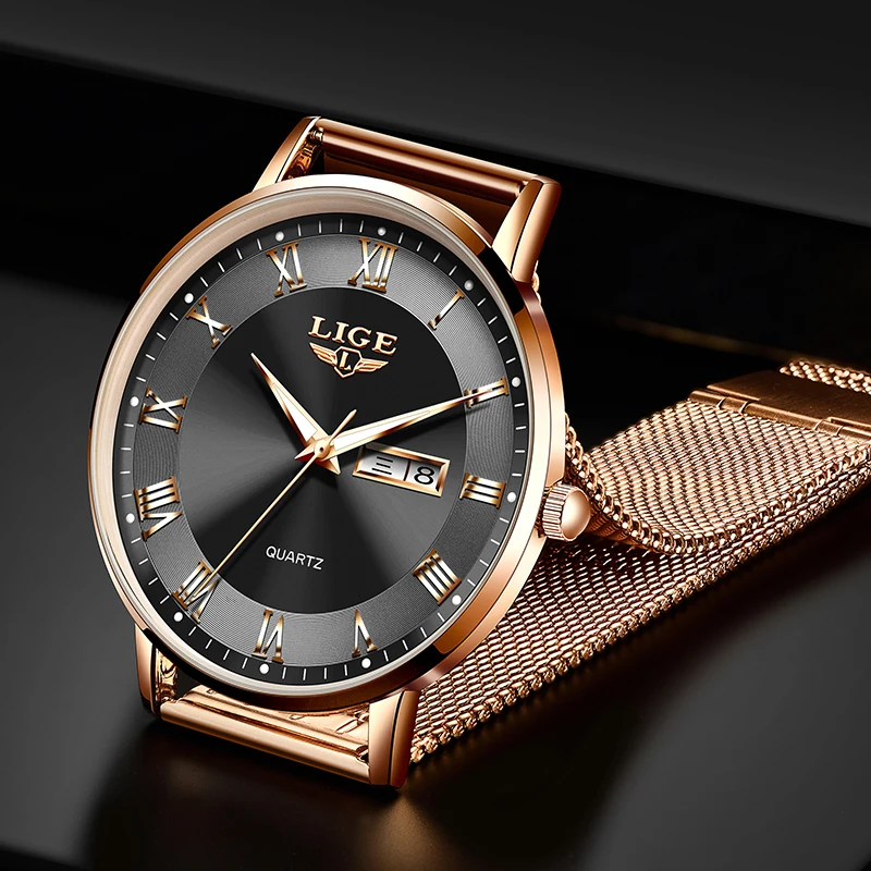 LIGE Original Simple Quartz Watches Male Fashion Luxury Casual Sport Mesh Belt Calendar Ultra Thin Waterproof Luminous Man Watch