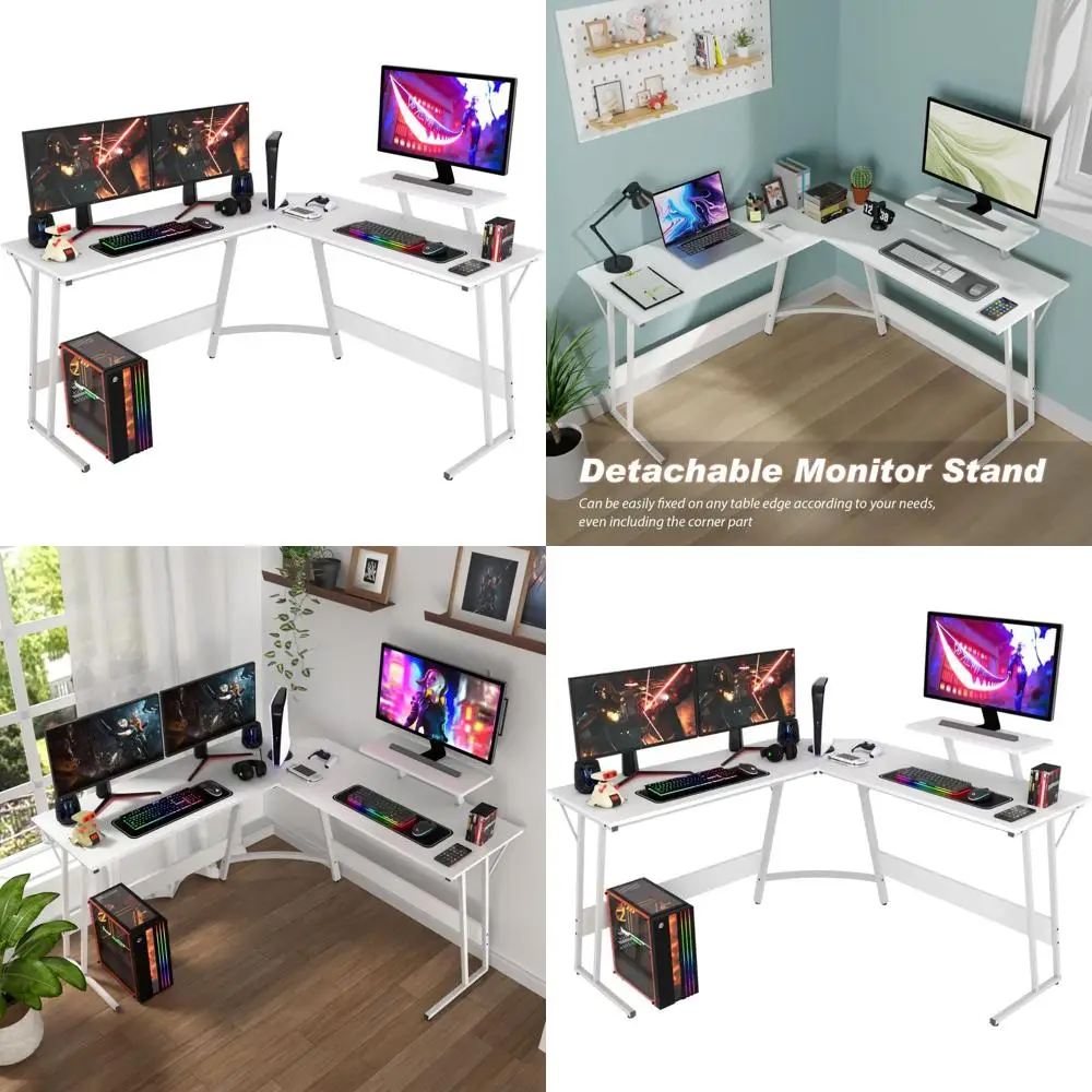 

Large White L-Shaped Desk for Gaming, Studying, and Home Office Use