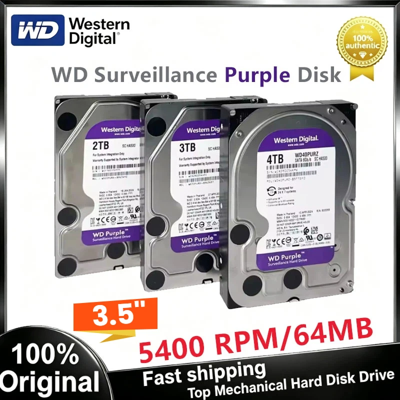 Western Digital WD Purple HDD 1TB 2TB 3TB 4TB SATA 6.0Gb/s 3.5" Hard Drive Disk For Security System Video Recorder Ssd Hard Disk