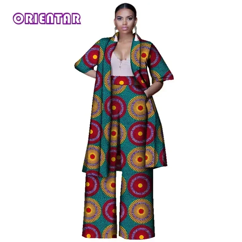 Fashion Women Suits 2 Pieces Set African Print Long Tops and Pants Women Bazin Riche Pants Sets African European Clothing WY3143