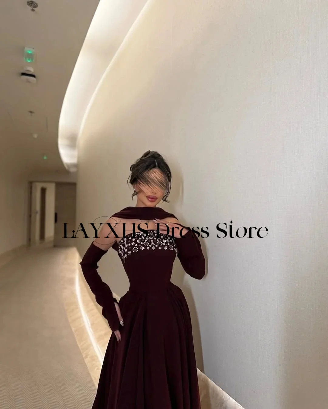 LAYXHS Luxury Dark Red Strapless Evening Dresses A-Line Beaded Floor-Lenght Pleat Prom Dresses Customized فساتين سهره