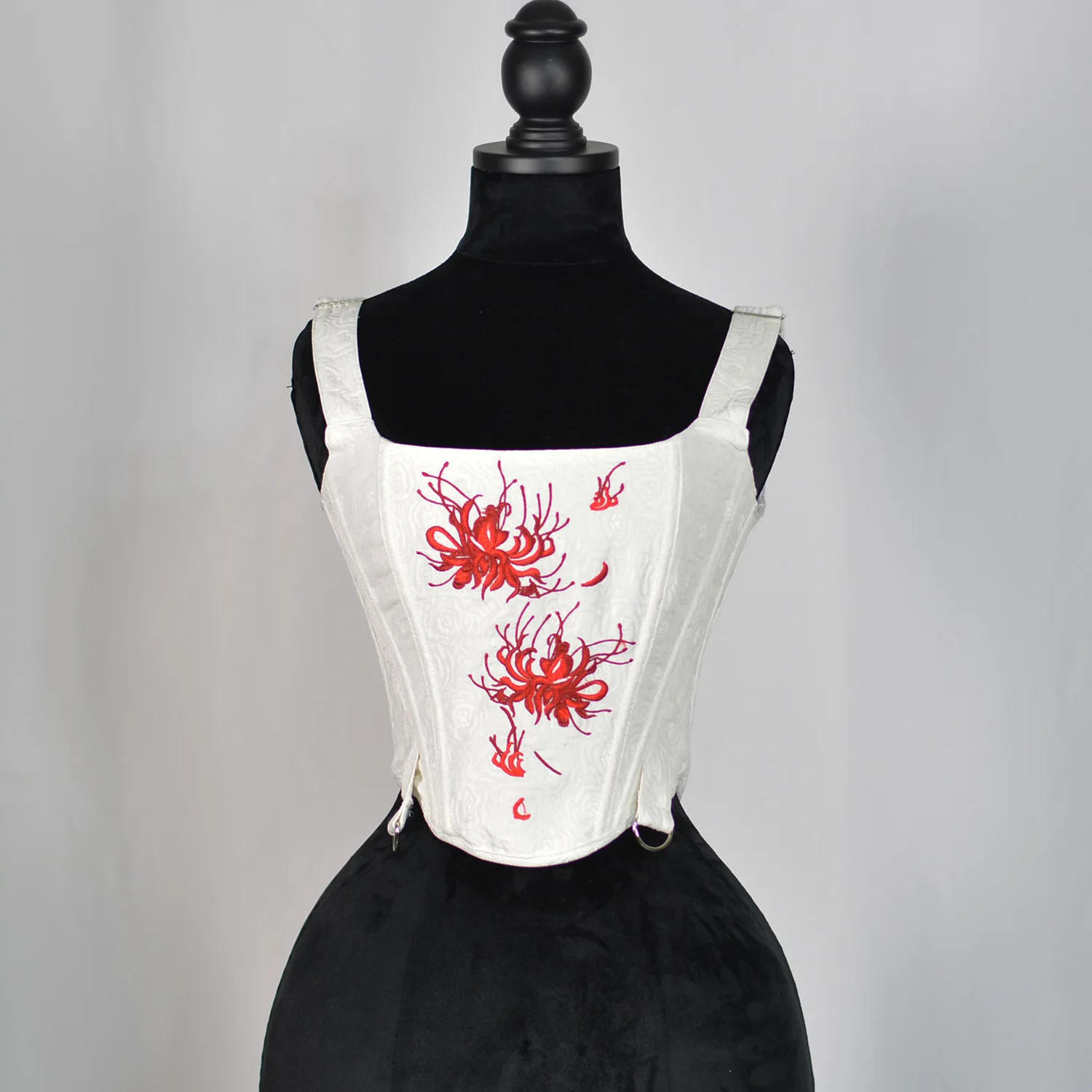 

White Corset Vest Red Floral Embroidery Vintage Corsets Adjustable Shoulder Straps Gothic Bustier Shaping Tops Fancy Bodice