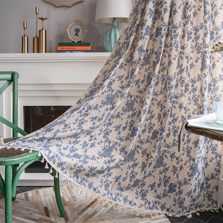 Cotton Linen Blue Retro Orchid Curtains Floral Tassel for Kitchen Bedroom Living Room Bay Window Cabinet Curtain
