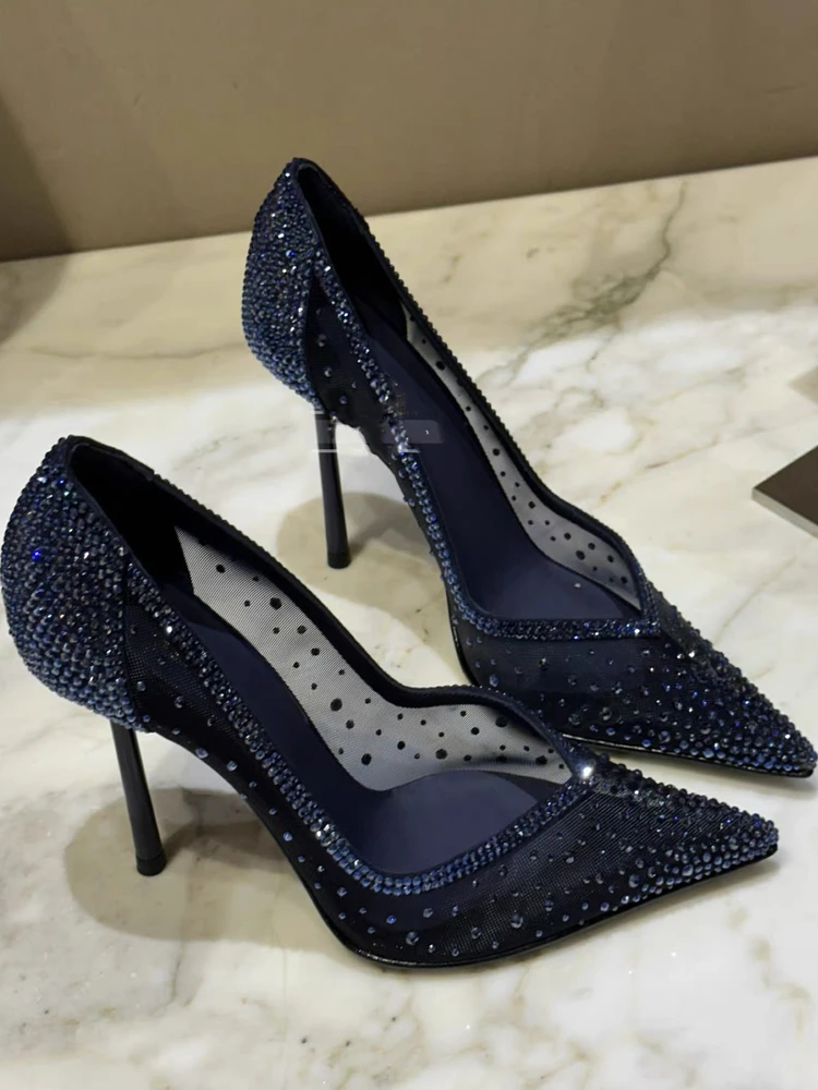 

Новые женские туфли на высоком каблуке на тонком каблуке с сетчатыми стразами, одинарные туфли с неглубоким носком, сексуальные пикантные сандалии