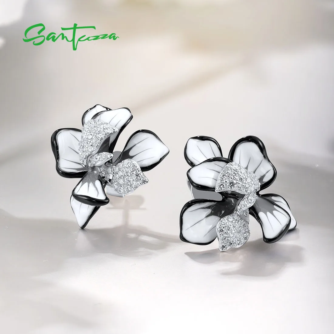 SANTUZZA – boucles d'oreilles en argent Sterling 925 pur pour femmes, fleur scintillante en émail violet et blanc, bijoux fins de fête Chic de mariage