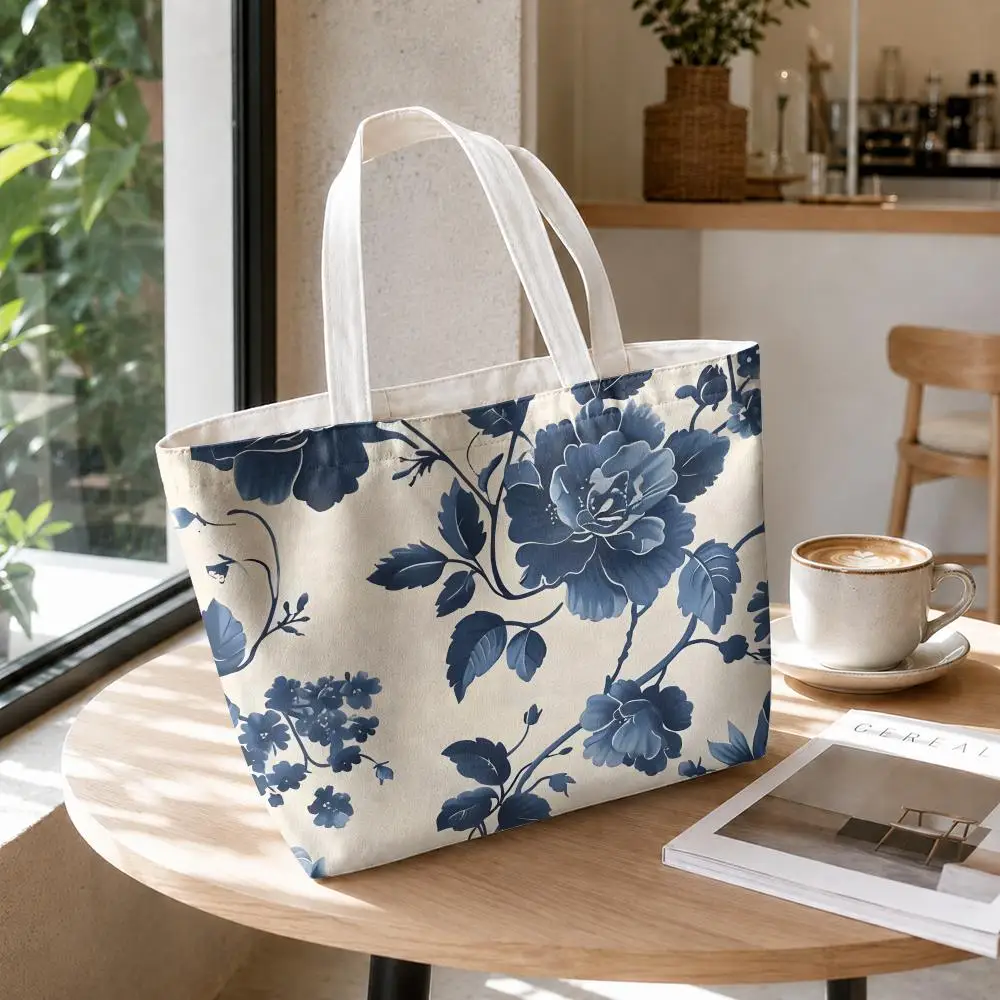 Blue Pattern Fashion Storage Bags 2-Piece Set Canvas Tote Bags with Zipper Shoulder Handbags for Daily Shopping Travel