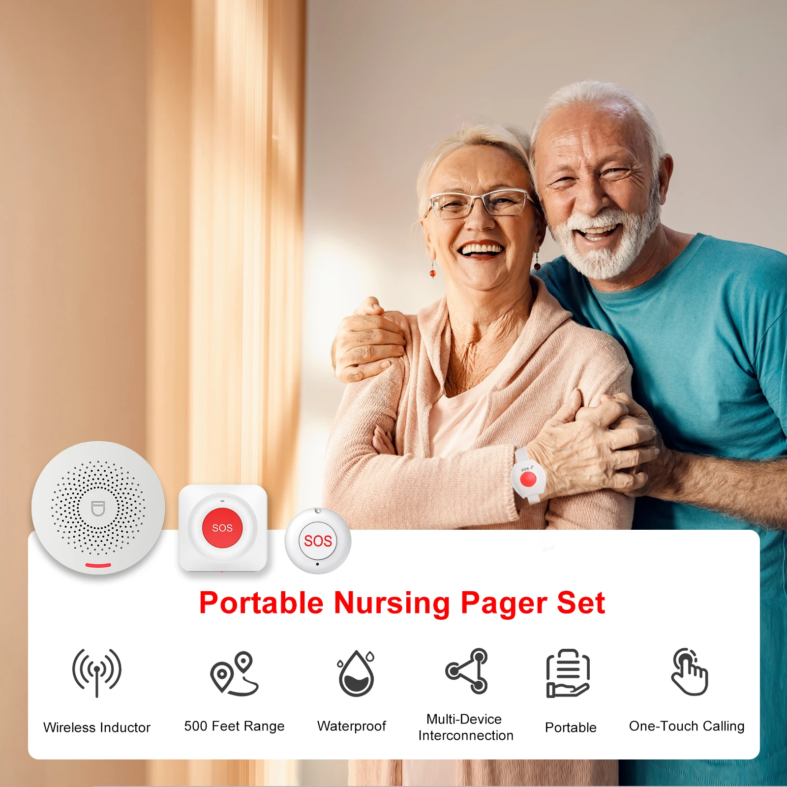 SOS Emergency Call Button,433MHz Long Range Caregiver Pager for Elderly&Patients,Home Medical Alert Security System with Loud Al