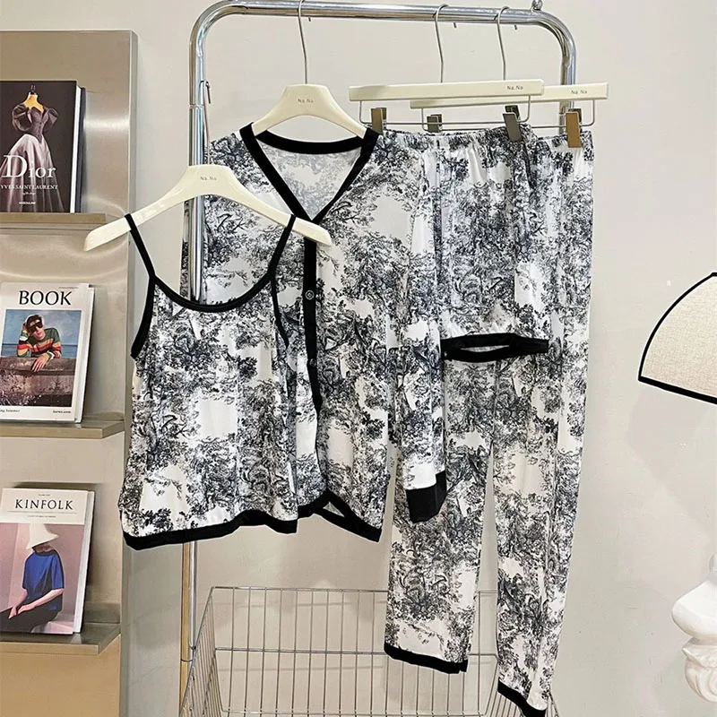 4PCS/Set Women National Tide Wind Ink Painting Ice Silk Pajamas Long-Sleeved Printed Suspenders Fashion Soft Simple Homewear