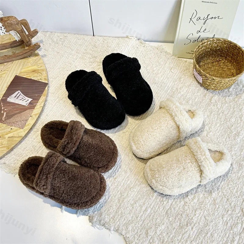 

Girls' Retro Solid Warm Hairy Casual Half Slippers 2025 Winter Children Fashion Versatile Soft Comfortable Plush Cotton Draggers