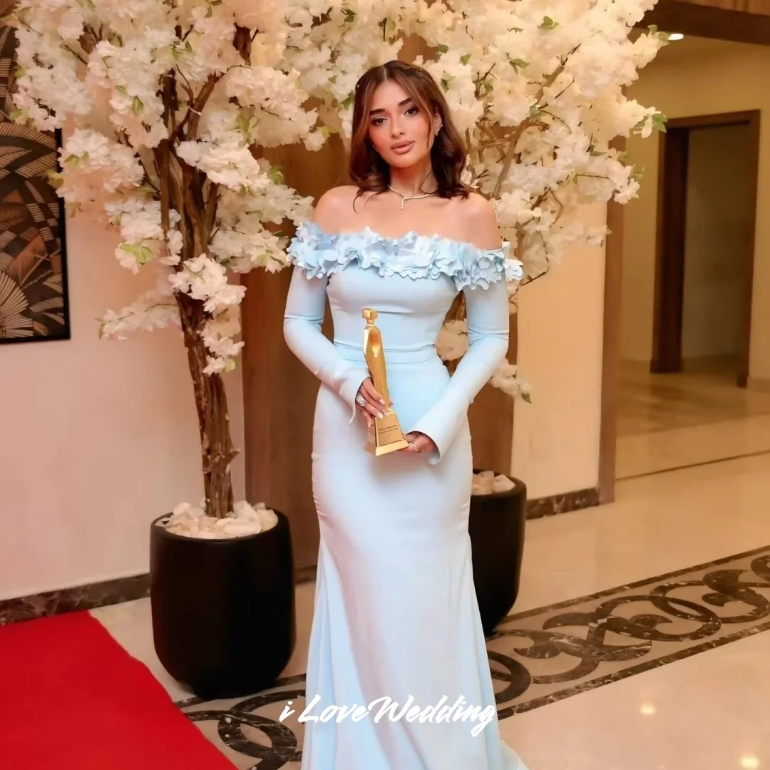 

Blue Flowers Off Shoulder Mermaid Long Sleeve Evening Dress Vestidos De Noche Floor-length Wedding Party Dress Pleated Customize