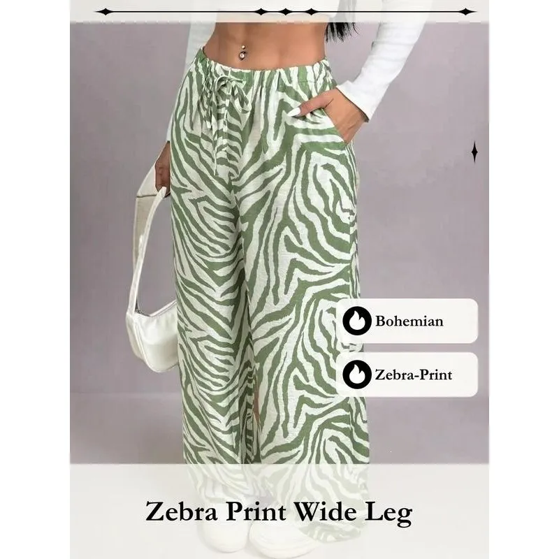 Women's Fashion Zebra Print Wide Leg Pants Summer Casual Harajuku Style Neutral Fit Harlan Trousers Other Material 100%