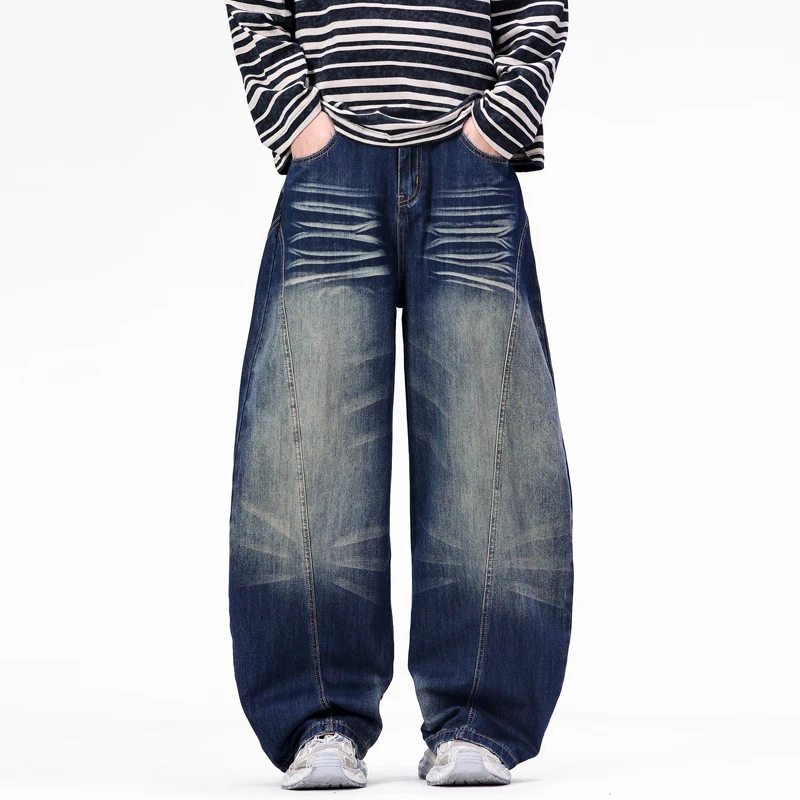 American Style Moustache Effect Washed Men's Boot Cut Jeans Thickened Loose Casual Vintage Denim Wide Leg Trousers