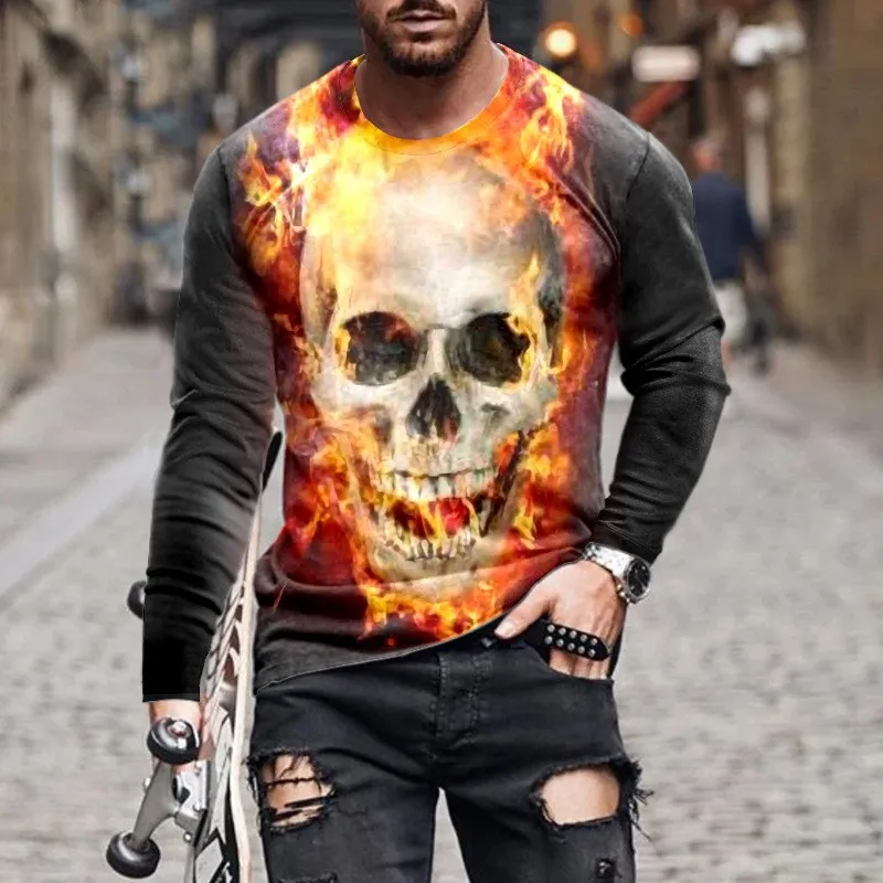 Skull 3D Printed Streetwear Men\'s T-Shirts Long Sleeve Round-Neck Horror Halloween Man Tops Loose Gothic Round-Neck Tees T Shirt