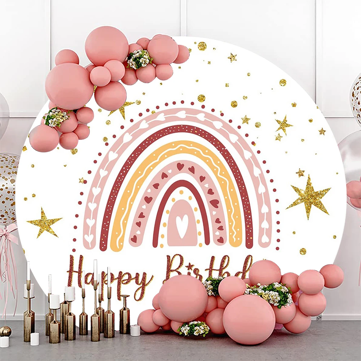 Girl Bohemian Rainbow Kids Party Backdrop Star Love  Boho Round Circle Background Cover Elastic Customize Birthday Decorations