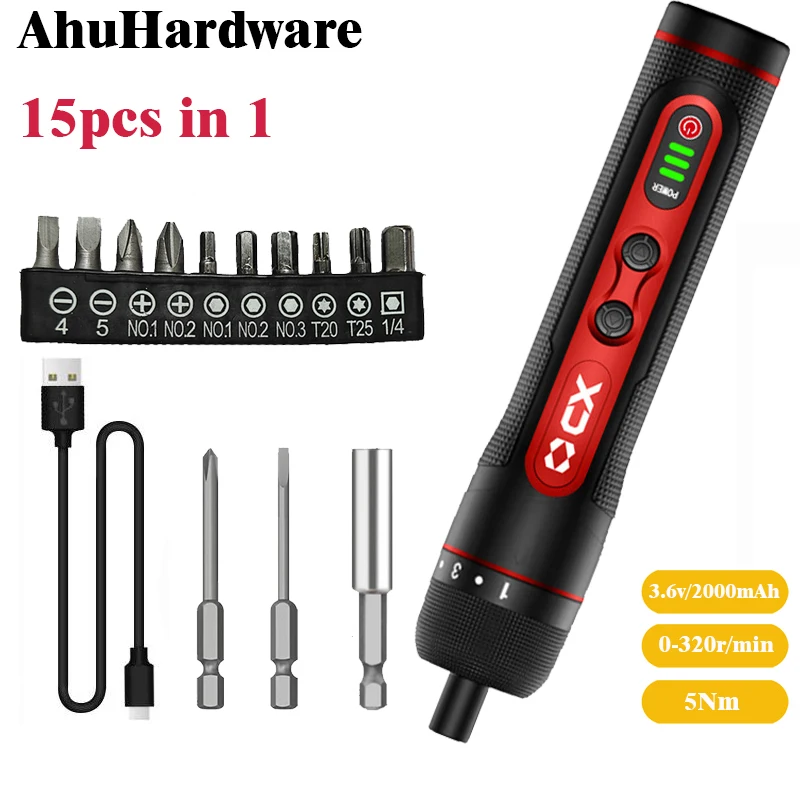 

15 in 1 320r/min Cordless Electric Screwdriver Mini Power Tools 3.6v 2000mah Lithium Battery Super Torque Rechargeable LED Light