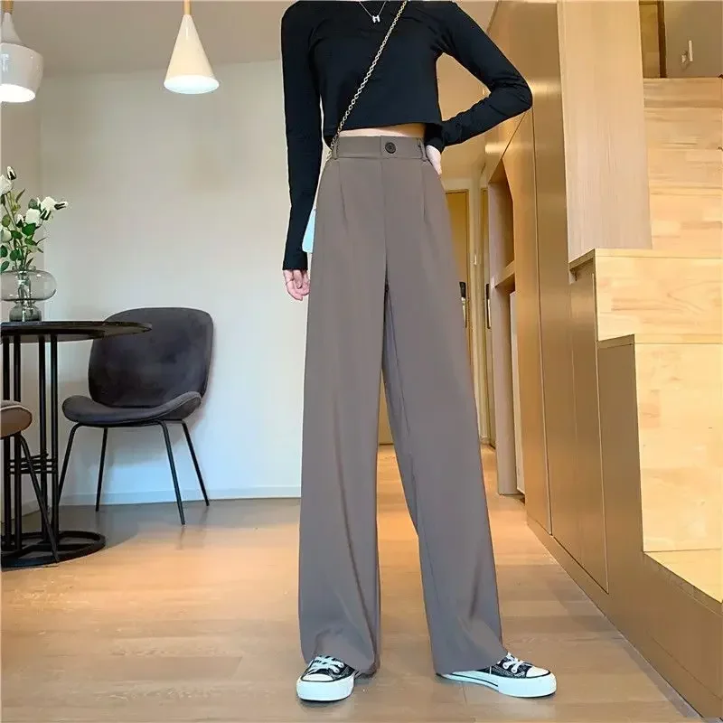 فستان نسائي سروال سائل ربيع الخريف خياطة جميع المتوسطة 90s النايلون عالية الإناث السراويل الخصر مكتب أسود العمل مستقيم الساق