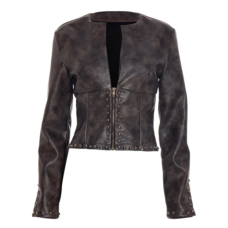 Rivet Deep V-Neck Faux Leather Cropped Jackets Women 2026 Fall Winter Fashion Streetwear Long Sleeve Zip-Up Sexy Corset Coats