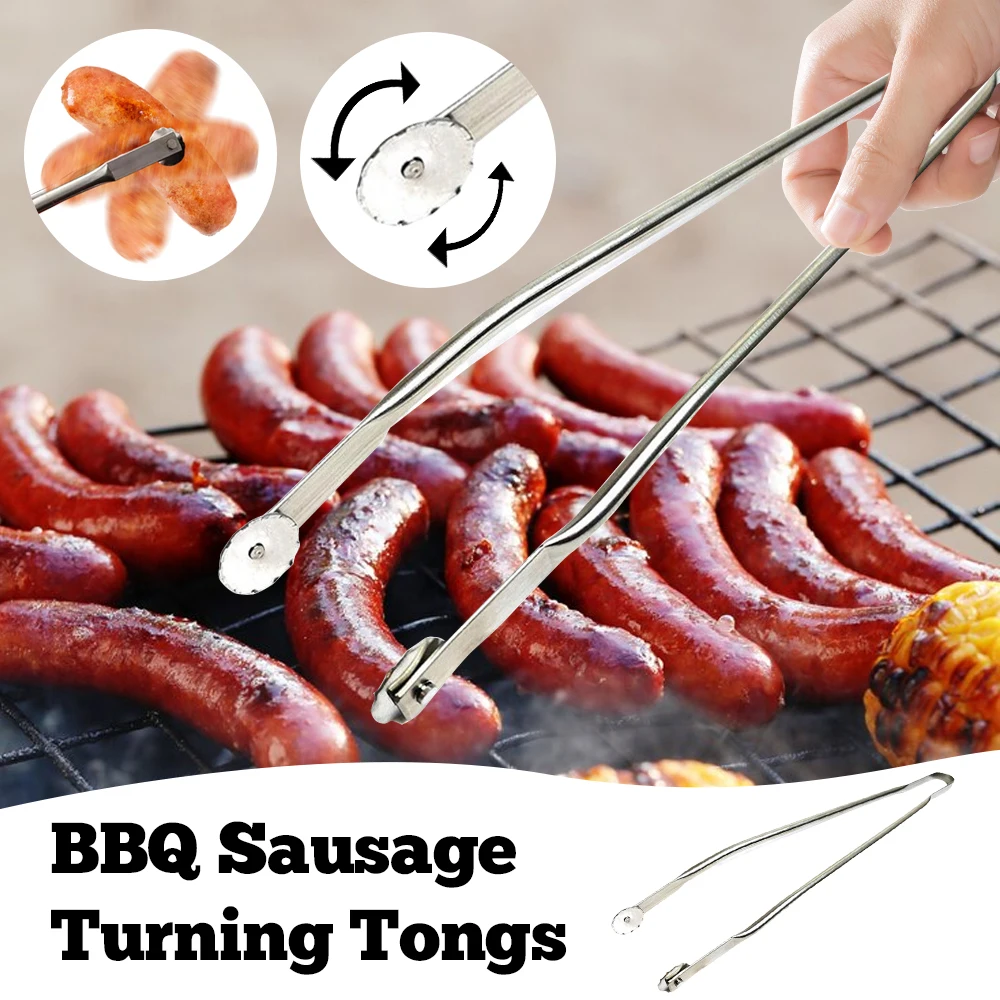 BBQ Sausage Turning Tongs Kitchen Hot Dogs Cooking Clip Stainless Steel Barbecue Long Handle Tongs for Flipping Bacon Steak Meat